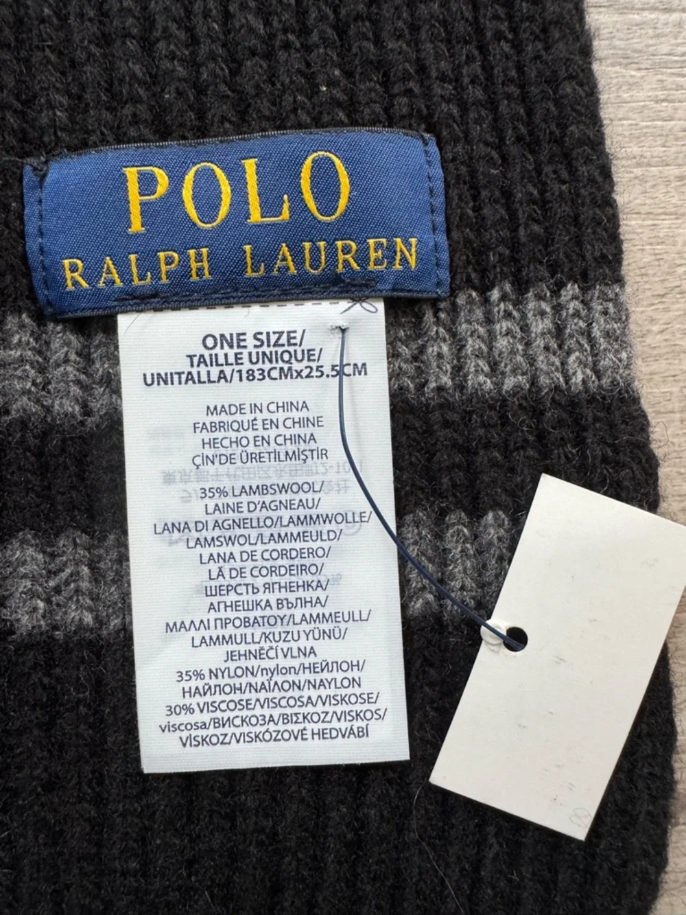 Polo Ralph Lauren Men's Scarf in Black and Gray Stripes. 35% Lambswool, 35%